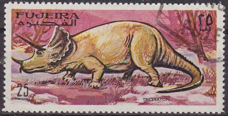FUJEIRA 1968 Michel 258 Sello Animales Prehistoricos Tricratops Correo Aereo con matasellos de favor preobliterado 